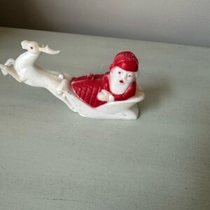 Vintage Rosbro Santa in sleigh reindeer plastic ornament